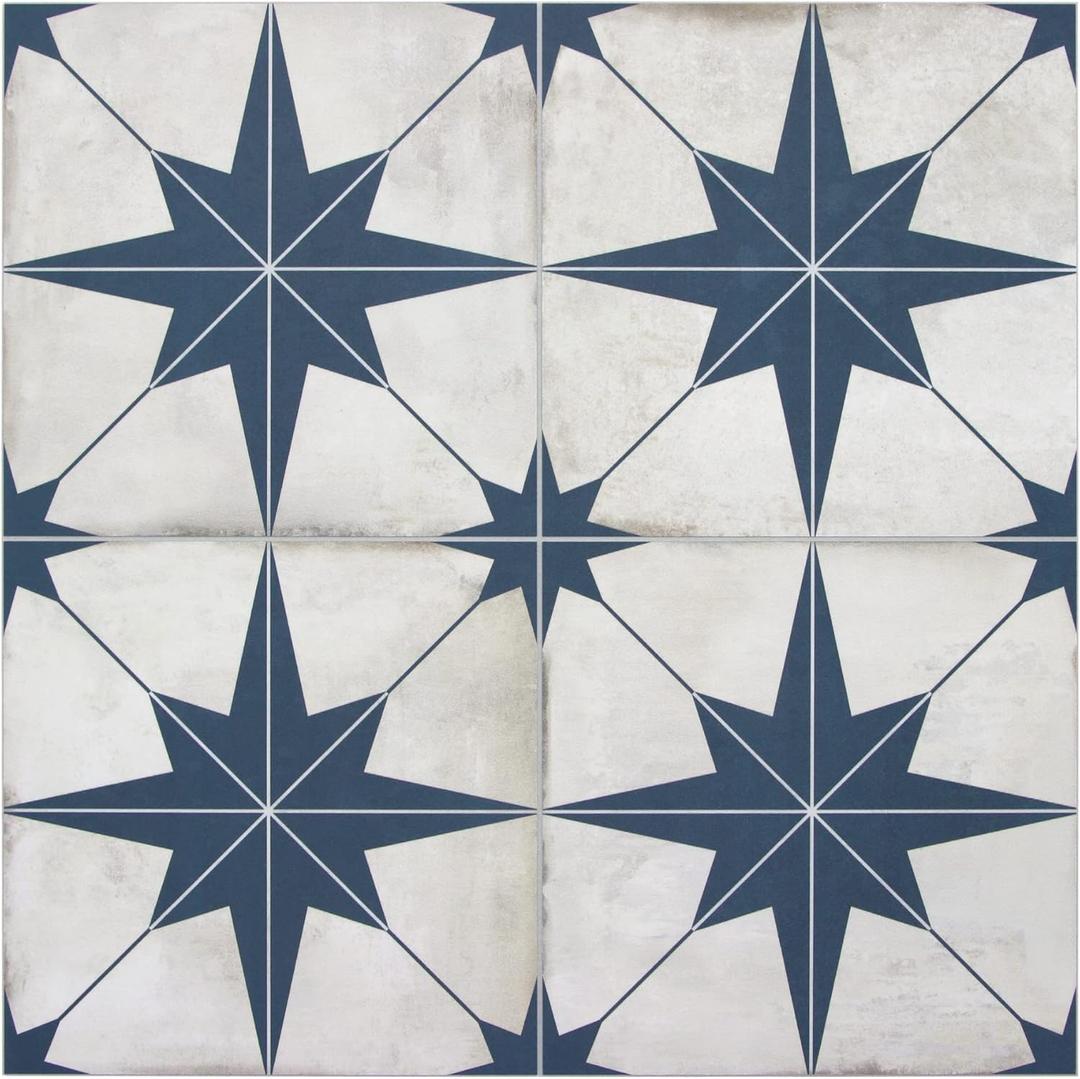 The Tiles Plaza Encaustic Peel and Stick Backsplash, Blue Star Patterned Vintage Stick on Tiles, Stone Composite Self-Adhesive Wall Tile Sticker for Kitchen Bathroom Fireplace Stairs, 10 Sheets