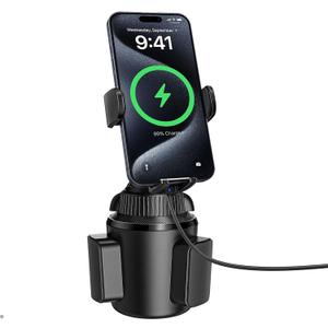 APPS2Car 15W Qi Wireless Car Charger Solid Cup Holder Mount, Adjustable Long Arm & 360 Rotation, Fits 3"4" Round Cup Holders, Works with Cases  4 mm (No Metal Attachments)