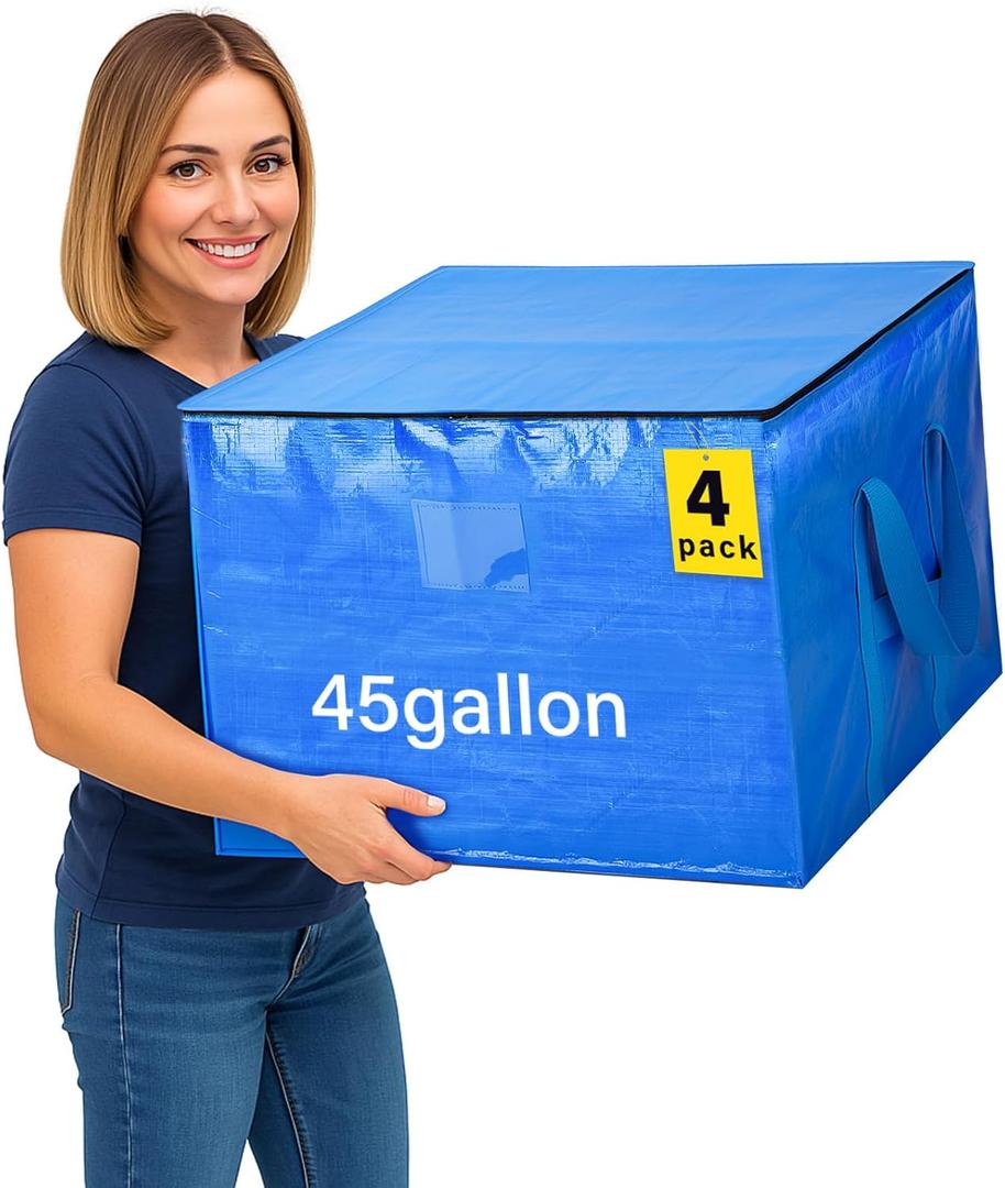 4 Pcs 45 Gallons Large Moving Bags with Zipper and Handles Foldable Storage Duffle Bags Heavy Duty Extra Large Totes for College Dorm Travel Clothes Blankets Bedding Moving