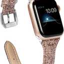 Wearlizer Thin Glitter Leather Compatible with Apple Watch Leather Bands Women 38/40/41/42mm(Series 11 10) for iWatch Series 11 10 9 8 7 6 5 4 3 SE/Ultra 3 2 1 Slim Bling Glistening Strap (Coffee)