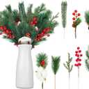 Lyrow 100 Pcs Artificial Pine Branches Green Pine Needles Fake Greenery Christmas Picks Floral Christmas Wreath Decorations Holly Red Berry Stems for Winter Holiday DIY Garland Home Garden Decor