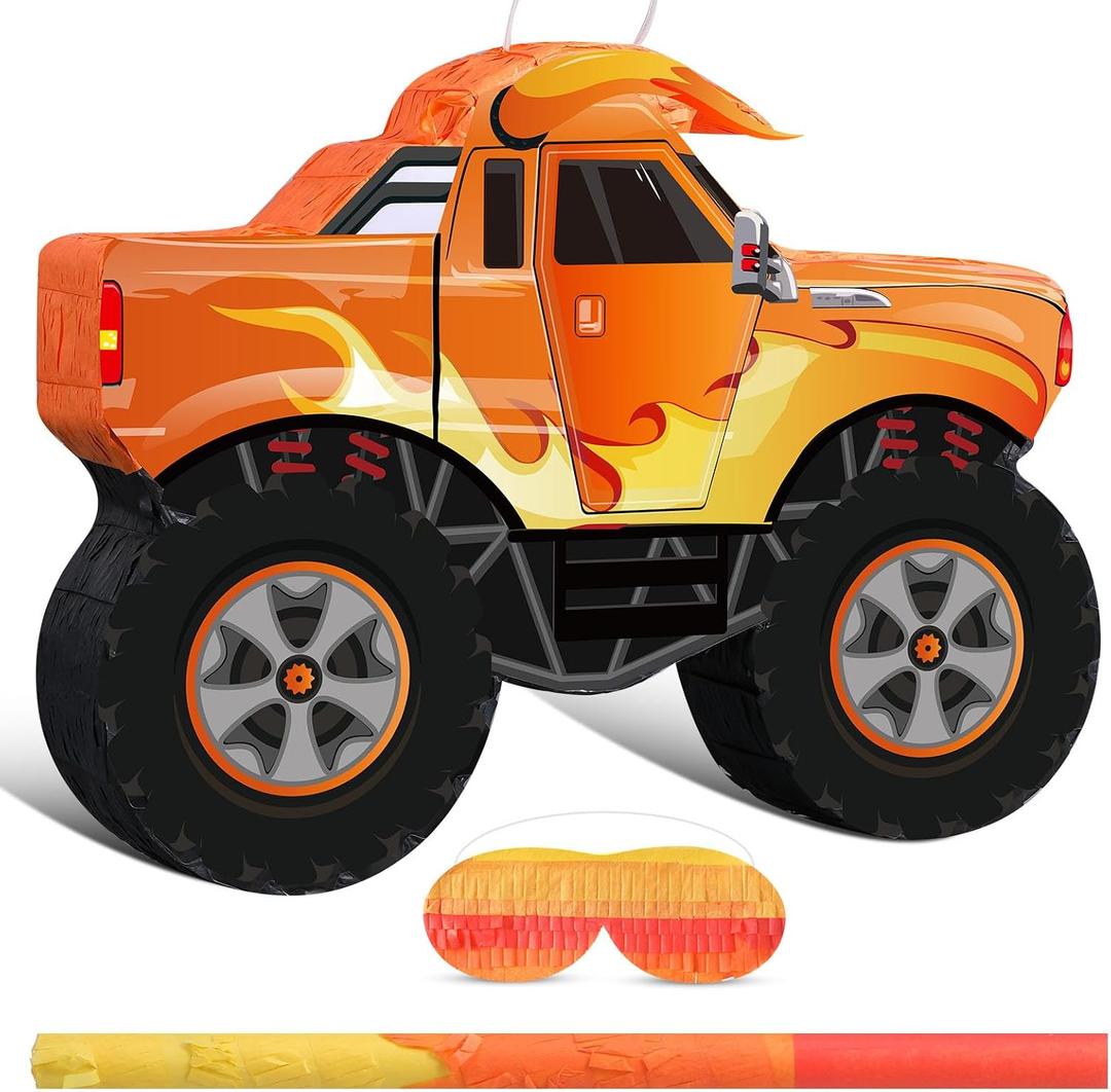 Capoda Piata Bundle with 16 Inch Stick Blindfold for Boy Girl Kids Birthday Party Decorations (Orange, Truck)