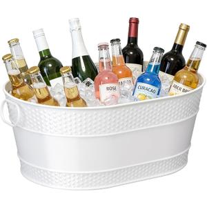 Galvanized Metal Beverage Tub for Parties - 4.5 Gallon Ice Bucket Drink Cooler with Handles, Mimosa Bar Supplies for Wine, Champagne, Beer, Cocktails and Soda, White, 18" x 11.5" x 7.5"