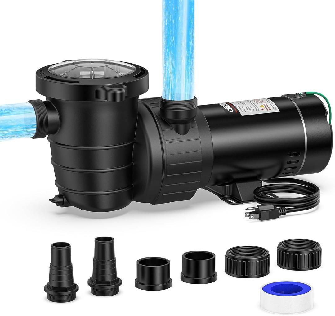 CrestWave 1.5 HP Above Ground Pool Pump, 5706GPH High Flow Self-Priming Pump, 115V Single Speed, Quiet Energy Efficient w/Large Strainer Basket, 1.5", 1.25"-1.5" Adaptors, Fits Pools Spas Irrigation