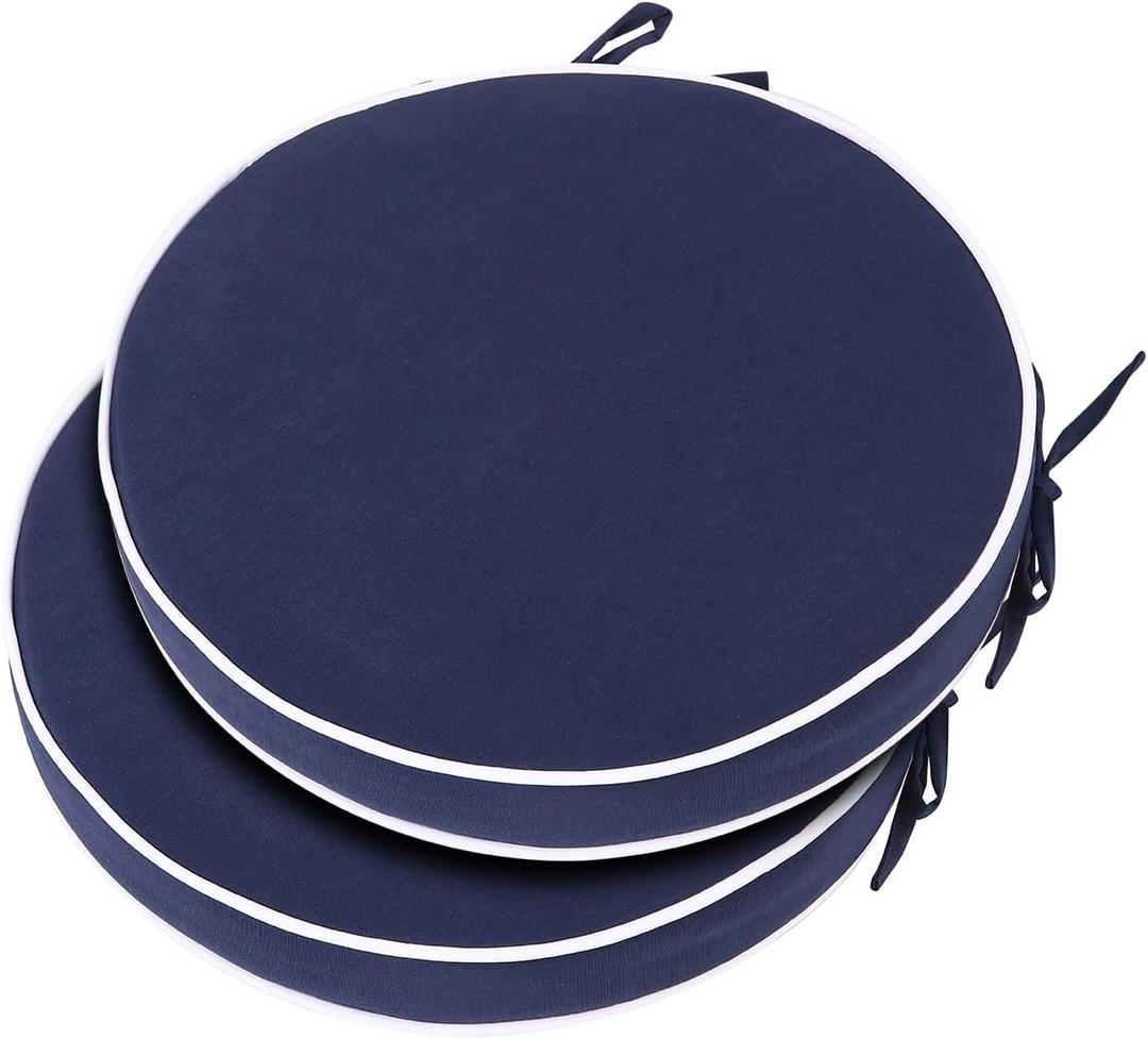 Outdoor Bistro Chair Cushions Set of 2, Waterproof 15 inch Round Seat Cushions with Ties for Patio Deck Furniture (Navy Blue)