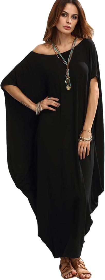 Verdusa Women's Caftan Harem Boat Neck Dolman Sleeve Oversized Maxi Dress (XX-Large, Black)