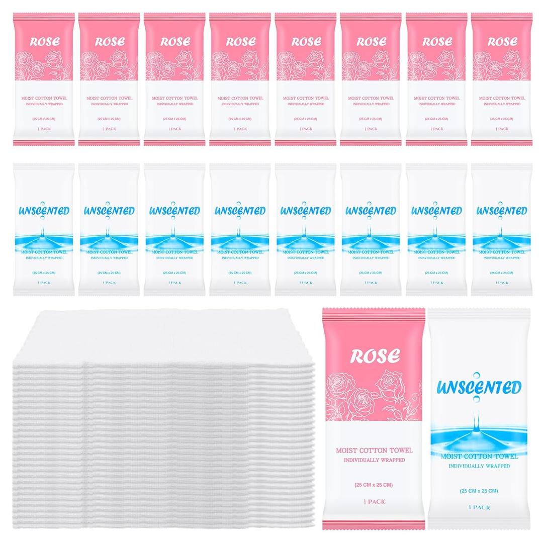 Moist Towelettes, Disposable Pre Moistened Towels Individually Wrapped, Soft Portable Face & Body Wet Towels for Travel Hotel Sport Camping Spa 9.8 inch (Pack of 30, Rose & Fresh)