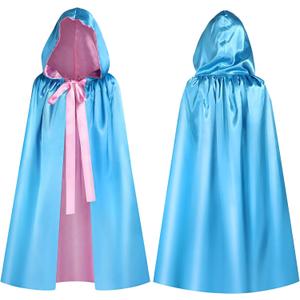 Haysandy Blue Fairy Hooded Cloak Costume, Polyester Cape Cosplay Cloak Princess Costume with Pink Ribbon for Women (3 ft)