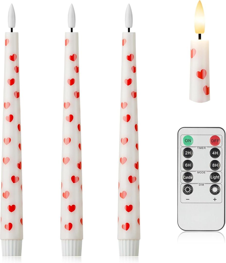 Valentine Day Flameless Taper Candles with Heart, 9.6" Real Wax LED Candles with Remote, 3 Pack Flickering Battery Operated Candlesticks for Proposal Wedding Anniversary Romantic Night