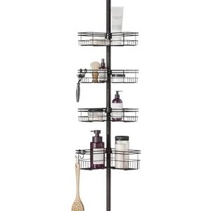 Zenna Home Tension Pole Shower Caddy Corner Organizer, Adjustable Standing Shower Caddy with 4 L-shaped Baskets and Hooks, Rust Resistant Bathroom Tension Rod Organizer, 60 to 97 Inch, Bronze