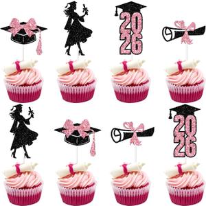 24PCS 2026 Graduation Cupcake Toppers, Congrats 2026/Class of 2026, Congratulations Grad, Senior High School College Girls Graduation Party Decorations Black & Pink Glitter