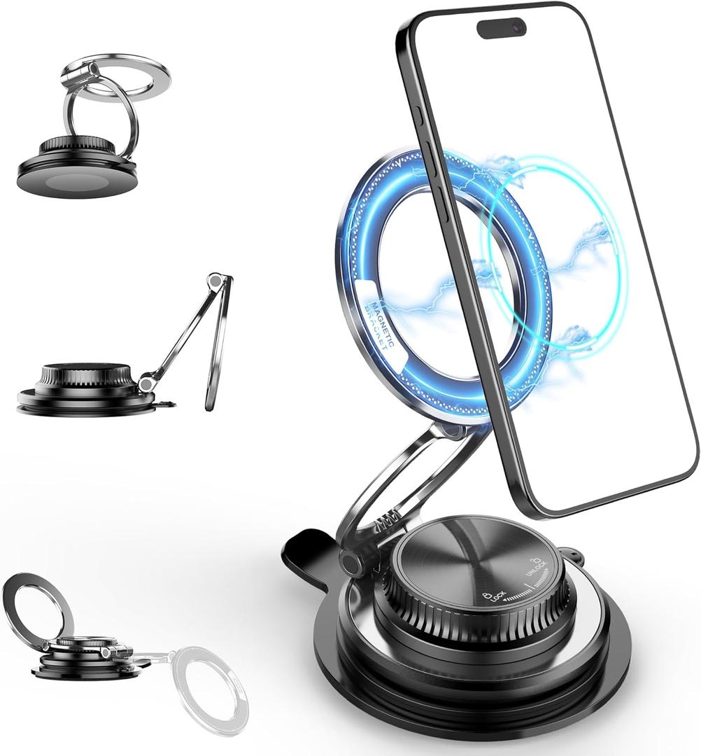 Magnetic Phone Holder for Car, 360 Adjustable MagSafe Car Mount with Suction Cup, Strong Magnetic Cell Phone Holder for Dashboard Windshield, Compatible with iPhone 17/16/15/14/13/12 Series, Black