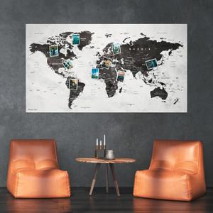 XXL World Map 51 x 28 inches in 'Residual Gray', Fleece Wall Hanging as Travel Pin Board in Modern Wall Art Design, 20 Flag Push Pins Included
