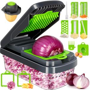 Vegetable Chopper,12-in-1 Multifunctional Food Chopper, Professional Onion Chopper with 7 Blades, Vegetable Cutter with Container for Salad, Potato, Carrot, and Garlic; Essential Kitchen Tool (Grey)