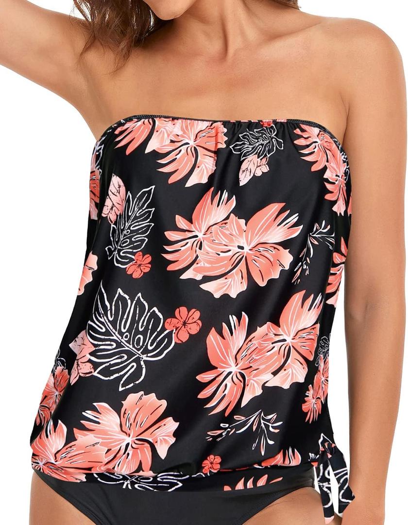 Holipick Strapless Tankini Tops for Women Swimwear Top ONLY Bandeau Bathing Suit Blouson Swimsuit No Bottom (Large, Floral)