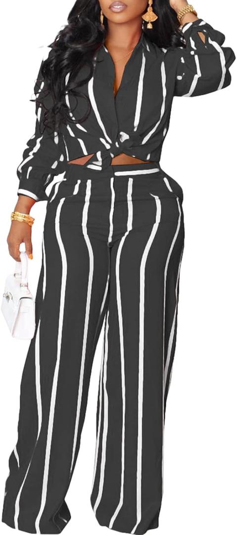 Elainone Women's 2 Piece Outfits Stripe Long Sleeve Button Down Shirt Wide Leg Long Pants with Pockets (X-Large, Black)