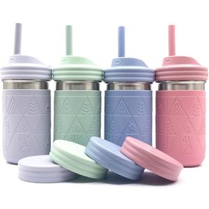 Elk and Friends 14oz Stainless Steel Kids + Toddler Drinking Cups | The Original Mason Jar with Sleeves + Lids | Silicone Straws | Smoothies | Storage Jar | Spill Resistant | Dishwasher Safe | 4 Pack (Sage/Blush/Lilac/Misty Blue)
