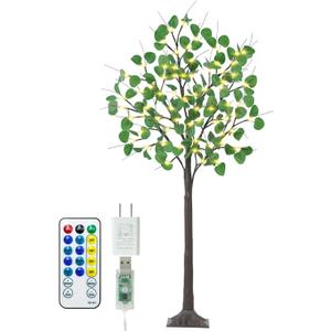 Lighted Eucalyptus Tree - 4FT 60 LED Light Up Eucalyptus Tree with 6 Branches, 120 Leaves, Remote 8 Flashing Modes, Timing, DC 5V Safe, Faux Artificial Lighted Trees for Decoration Inside and Outdoor