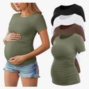 Huukeay 4 Pack Women's Maternity Shirts, Crew Neck Maternity Top Short Sleeve Casual Cotton Tee Side Ruched Pregnancy Clothes Large