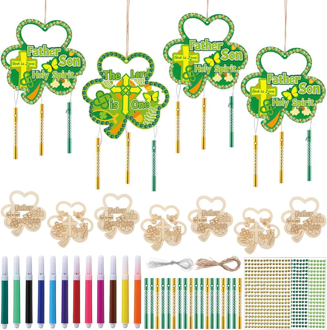 Amyhill 24 Sets Christian Shamrock Wooden Crafts St Patricks Day Crafts Kits Unfinished DIY Shamrock Irish Wind Chime Diamond Kit Make Your Own Religious Cross Decor for Church Party Supplies