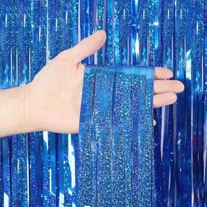 Metallic Tinsel Foil Fringe Curtain Backdrop 2 Packs 3ftx9ft Laser Party Backdrop Curtain,CYLMFC Rain Curtain for Birthday Party Decorations Photo Booth Backdrop Christmas Halloween - Deep Blue