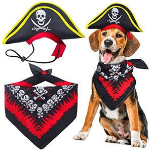 Aichiyu 2 Pieces Skull Print Pet Pirate Hat with Pirate Skull Bandana Dog Cat Captain Cap Halloween Pirate Cosplay Costume Halloween Party Hat Dress Up Costume Accessories (C), One Size