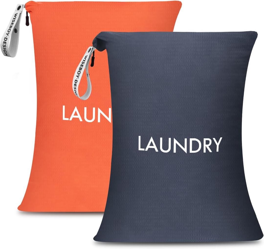 WiseBoy 2 Pack Laundry Bags, Travel Laundry Bag for Dirty Clothes, Washable Nylon Wet Dry Bag, Swimming Yoga Bathing Suit Workout Wet Dry Bags (Navy Blue/Orange)