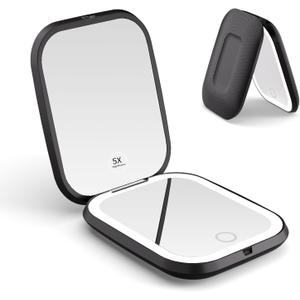 WOBSION Rechargeable 5X Magnifying Compact Travel Mirror with Light, Dimmable Portable Makeup Mirror for Purse & Pocket, Ideal for Gift, Black