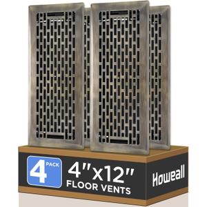 Howeall 4x12 Inches 4 Pack Heavy Duty Walkable Floor Register - Easy Adjust Air Supply Lever Decorative Floor Vent Covers, Boston Design Vent Covers for Home - Antique Brass