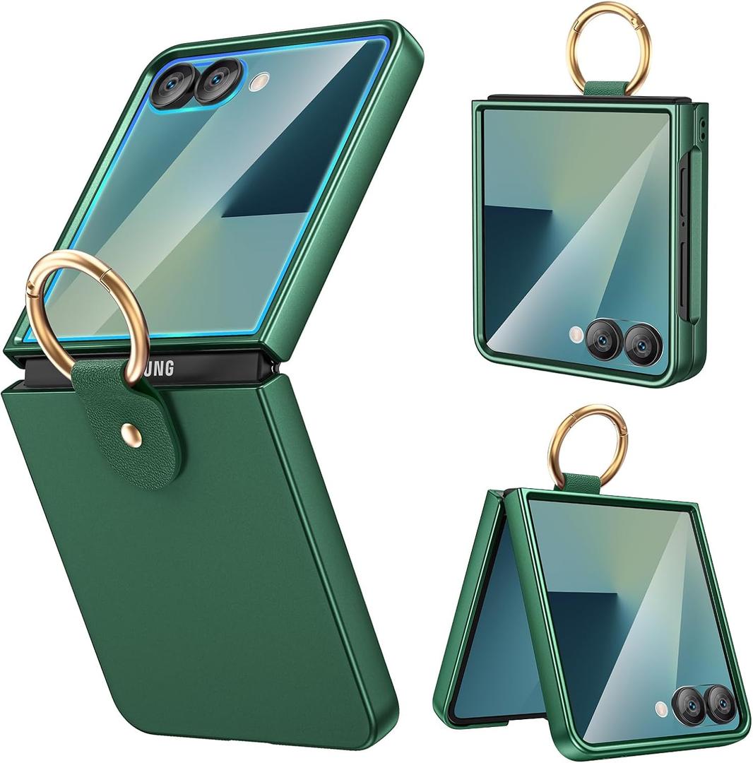 Ruky for Samsung Z Flip 7 Ring Case, with Built-in Outer Screen Protector Hard PC Anti-Scratches Shockproof Protective Phone Cover Slim Fit for Samsung Galaxy Z Flip 7, Dark Green