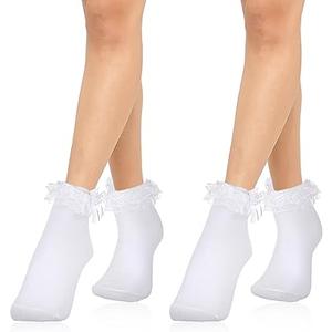 2 Pairs White Frilly Lace Socks With Bows for Women and Girls - Super Soft Anklet Socks for School