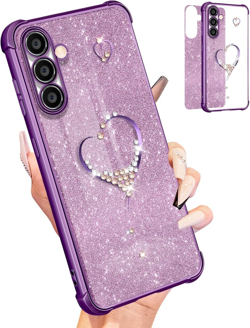 Petitian for Samsung Galaxy S24 Plus Case Women Girls Girly S24+ Cases Cover Glitter Bling Sparkle Diamond Purple with Luxury Heart Design Cute S24 Plus Phone Case Funda 6.7''