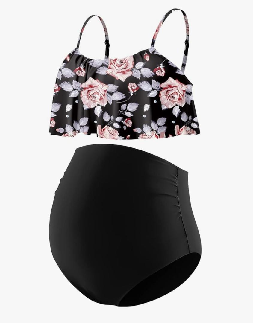 DEBELLY Maternity Bikini Set Two Piece Swimsuit Ruffle Women Bathing Suits High Waist Vintage Pregnancy Swimwear, (Rose Flower Black, Medium)