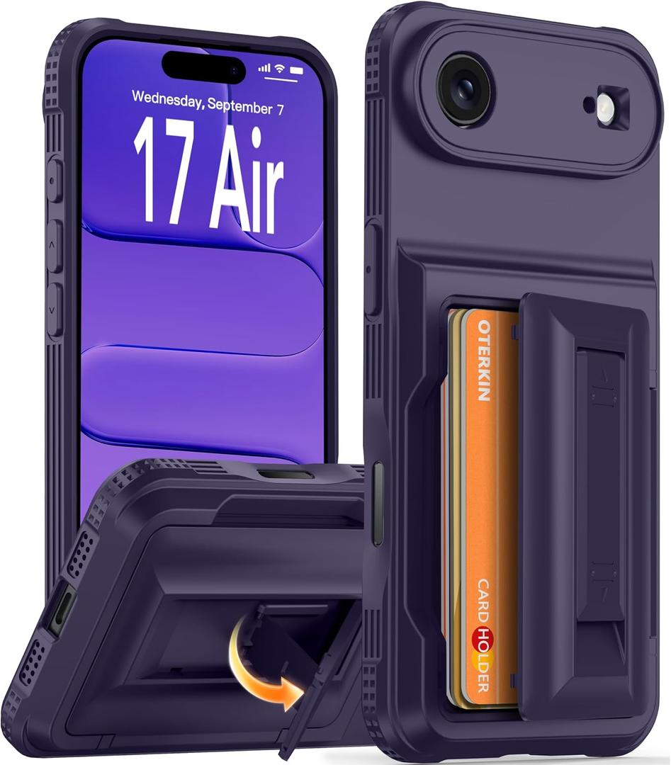 Oterkin for iPhone Air Wallet Case [4-5 Card Holder] [RFID Blocking] [Full Camera Protection] [Kickstand][Military Grade Protection]Shockproof Rugged Phone Case for iPhone 17 Air 6.5 inch, Dark Purple