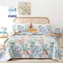 Xruibed Coastal Quilt Set Queen Size Green Nautical Beach Quilt Coverlet Reversible Lightweight Bedspread with 2 Pillowshams Soft Microfiber Quilt Set for All Season 90"x96"