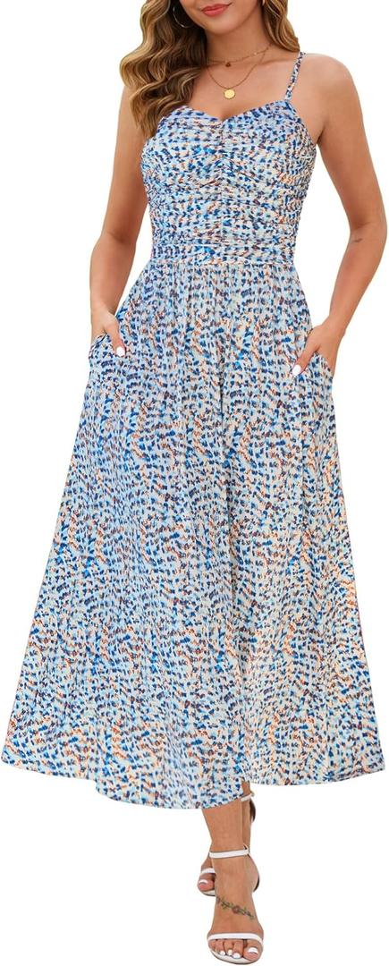 Annebouti Women 2025 Summer Fall Ruched Maxi Dress Adjustable Spaghetti Strap Floral Beach Long Sundress with Pockets (Medium, White Blue)