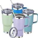 20 oz Tumbler with Handle Stainless Steel Insulated Coffee Mug Tumbler with Lid and Straw Double Wall Vacuum Insulated Coffee Mug Leak Proof Travel Mug Tumbler for Hot and Cold Drink (Mix Color-3) (Purple Tea Sea Azure)