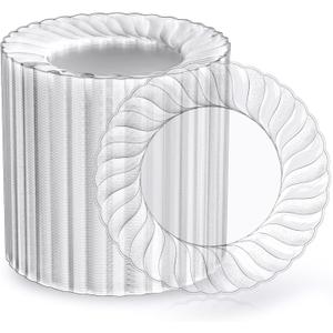 FOCUSLINE 100 Count 6 Inch Clear Plastic Plates, Disposable Heavy Duty Salad Dessert Plates- Premium Hard Plastic Plate Fancy Disposable Clear Plate for Weddings, Parties and Events