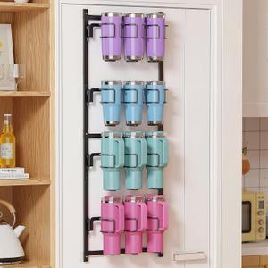 Housolution Water Bottle Organizer, 4 Tier Heavy Duty Metal Tumbler Storage Organizer for 10 to 40 oz Cups, Wall/Door Mounted Hanging Cup Holder Rack Compatible with Stanley and Other Brands