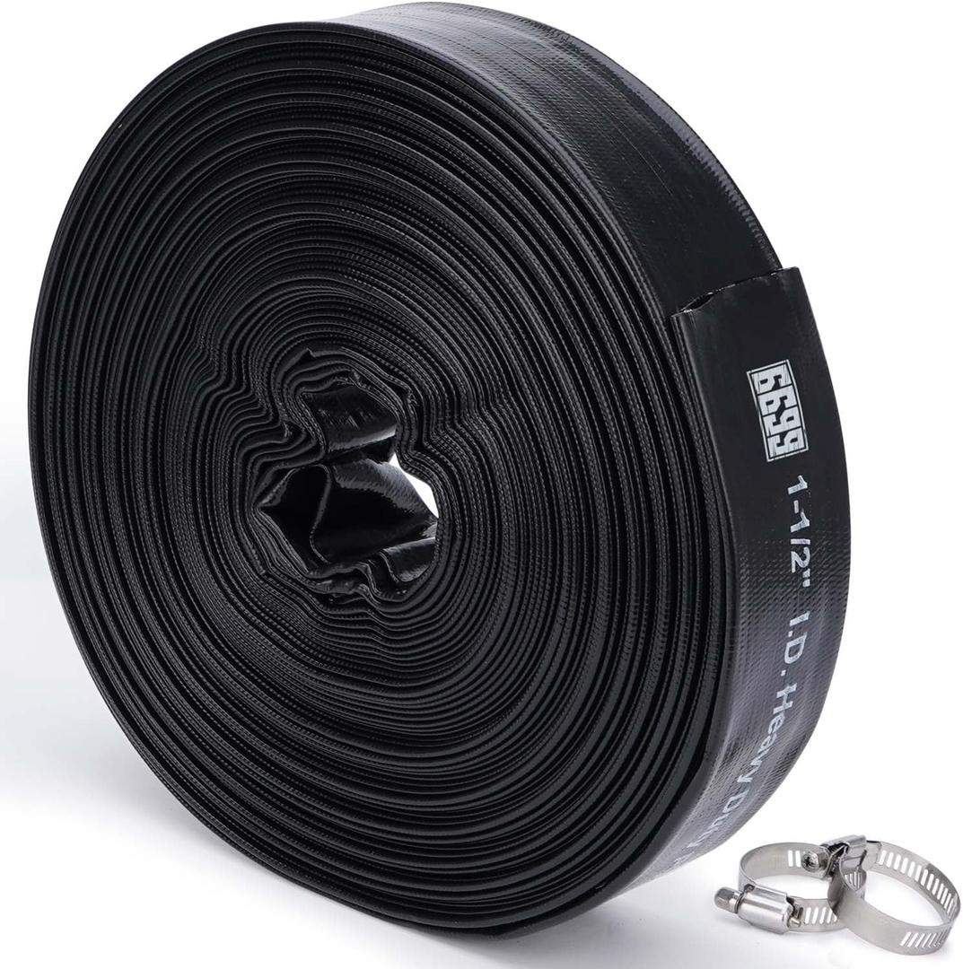Discharge Hose 1-1/2-Inch by 100-Foot Sump Pump With 2pcs SUS 304 Clamps for Pool Backwash, Draining/Removing Water - Lay Flat 1500