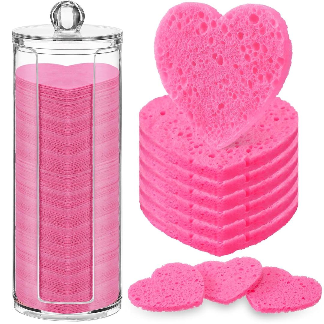 Sieral 120 Pcs Compressed Facial Sponges for Women with Container Disposable Face Sponge Pads for Washing Face Cleansing Exfoliating Esthetician Makeup Removal(Heart,Rose Red)