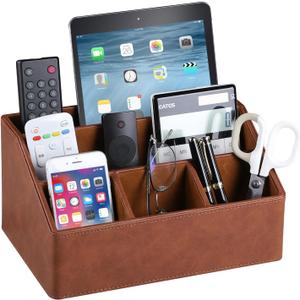 PU Leather Desk Organizer, Luxury Remote Control Holder for Home, Office Desk Accessories Table Caddy Bedside Nightstand Organizer (Brown)