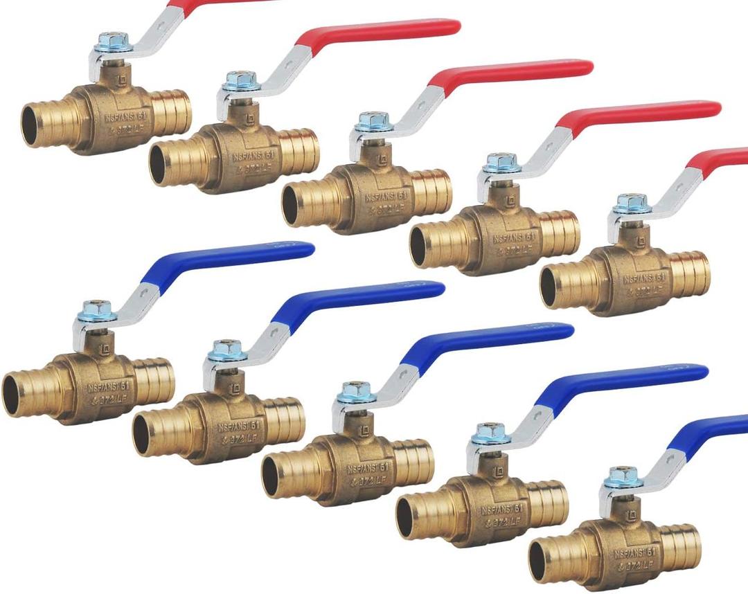 LD- 3/4" PEX Brass Ball Valve, 3/4-in PEX No Lead Brass Shut off Ball Valve with Red & Blue Long Lever Or T Handle,Pex Barb Water Valve with cUPC Certified for Cold and Hot water (10-Pack) (3/4-in L-Lever)