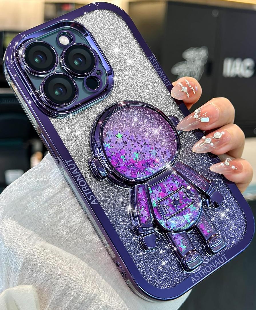 Loheckle for iPhone 15 Pro Max Case - for Women Girls Cute Glitter with Camera Lens Protector Cover Astronaut Liquid Sparkle Girly Aesthetic Bling Shiny Design Phone Case for 15 Pro Max 6.7", Purple