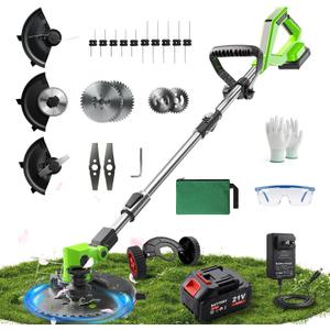 Cordless Weed Wacker, 4 in 1 Cordless String Trimmer with Wheels | 4 Type Replacement Blades, 21V Weed Eater , 2.6Ah Battery, Charge, Storage Bag, Foldable, Adjustable for Yard Garden Clearing