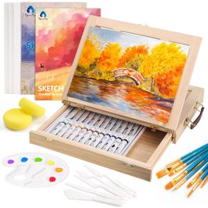 Painting Supplies Set, 49 Pieces Watercolor Painting Kit with Wooden Tabletop Easel, Includes Watercolor Paints, Brushes, Palette, Canvas Panels and Painting Pads, for Artists, Student, Adults, Kids