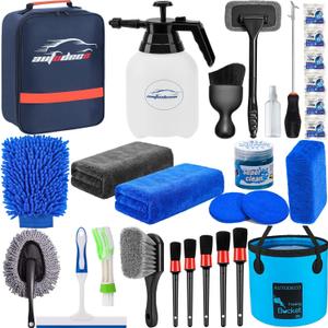 AUTODECO 29Pcs Car Detailing Kit Wash Cleaning Kits with Pump Foam Sprayer Collapsible Bucket Wash Brush Large Wash Mitt Towels Complete Interior Exterior Car Detailing Supply Set Blue