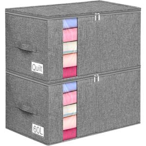60L Blanket/Comforter Storage Bag w/Rigid Side & Bottom Support, Stackable Clothes Storage Bin for Sweaters Bedding Sets Quilts Pillows, Closet Organizer, 21.7x14.2x11.8in, 2 Pack, Gray