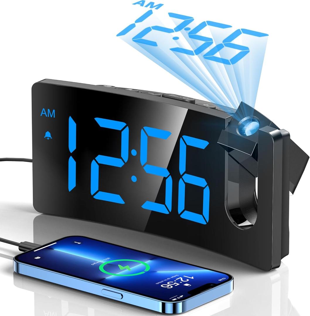 GOLOZA Projection Alarm Clock, Digital Clock with 180 Rotatable Projector, 3-Level Brightness Dimmer, Clear LED Display, USB Charger, Progressive Volume, 9mins Snooze,12/24H, for Bedroom (Blue Digit+blue Projection)