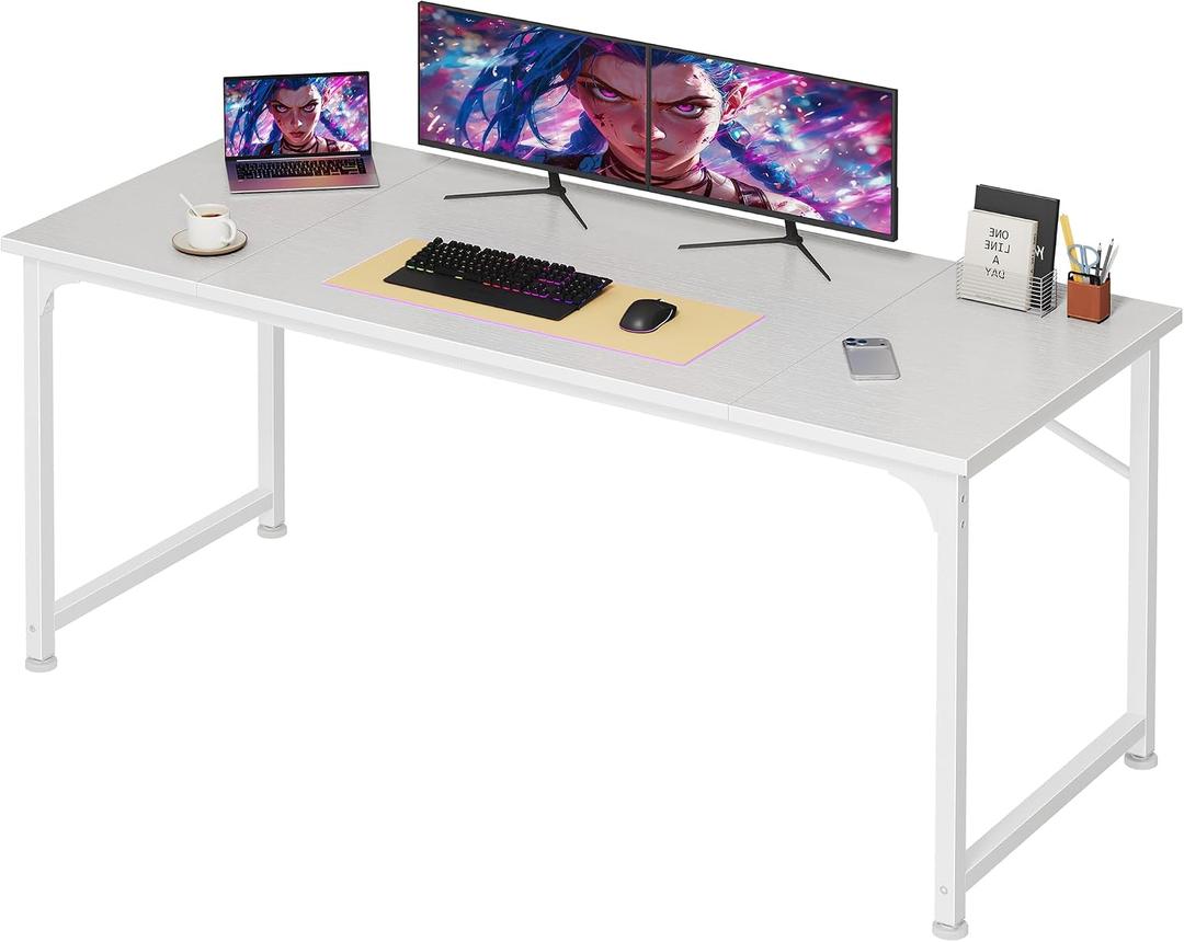 PRAISUN 55 Inch Computer Desk, Home Office Desk with Spacious Desktop, Modern Gaming Desk, Writing Study Table for Bedroom, Small Spaces, Work from Home Desk with Metal Frame, White